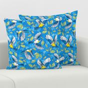 Flying Birds and Oak Leaves on Blue | Large