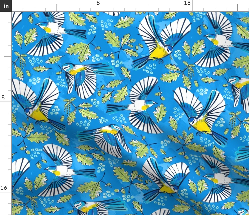 Flying Birds and Oak Leaves on Blue | Large