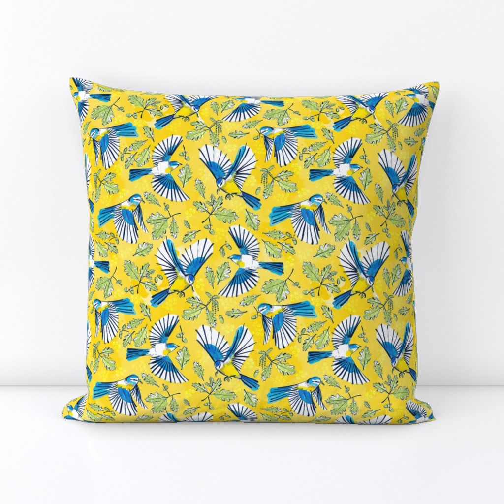 Flying Birds and Oak Leaves on Yellow | Medium