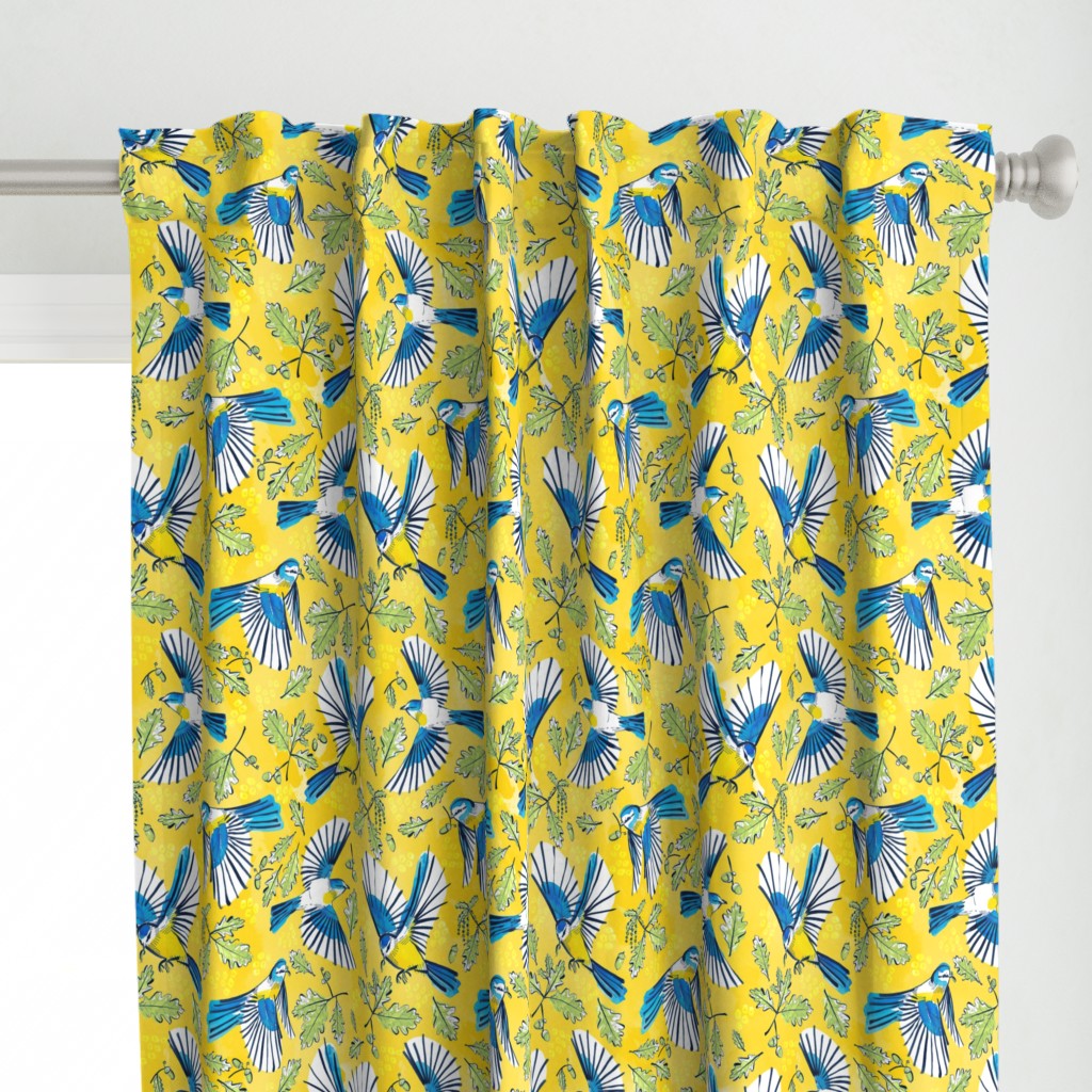 Flying Birds and Oak Leaves on Yellow | Large