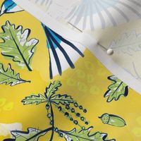 Flying Birds and Oak Leaves on Yellow | Large