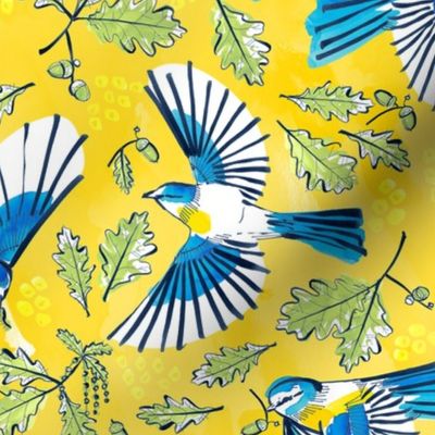 Flying Birds and Oak Leaves on Yellow | Large