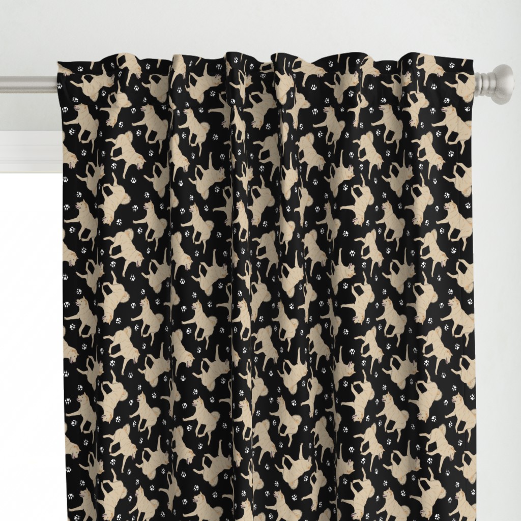 Trotting cream Shiba Inu and paw prints - black