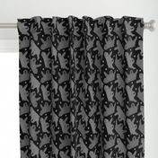Trotting uncropped black and silver Bouvier des Flandres and paw prints - black