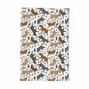Trotting Miniature Bull Terriers colored and paw prints - white