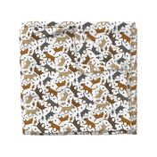 Trotting Miniature Bull Terriers colored and paw prints - white