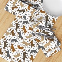 Trotting Miniature Bull Terriers colored and paw prints - white