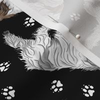 Trotting Polish Lowland Sheepdogs and paw prints - black