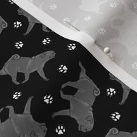 Tiny Trotting black Pugs and paw prints - black