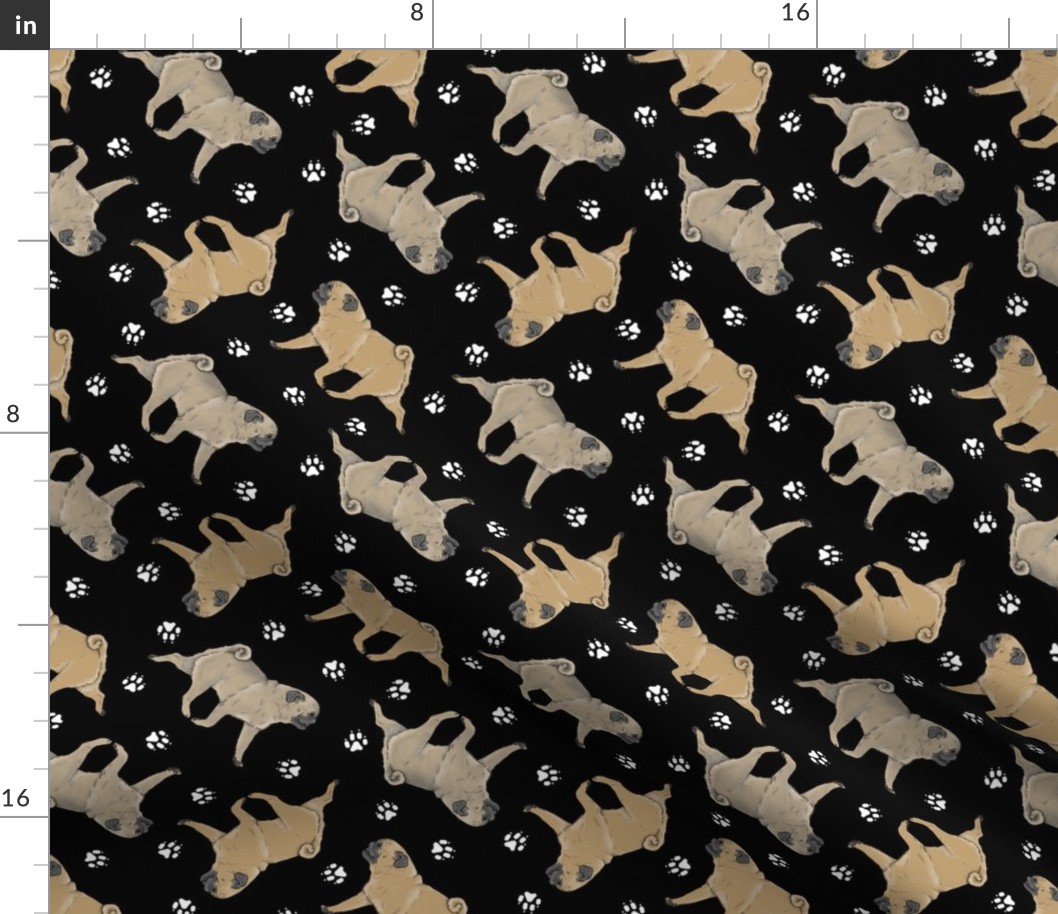 Trotting fawn Pugs and paw prints - black