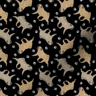 Tiny Trotting fawn Pugs and paw prints - black