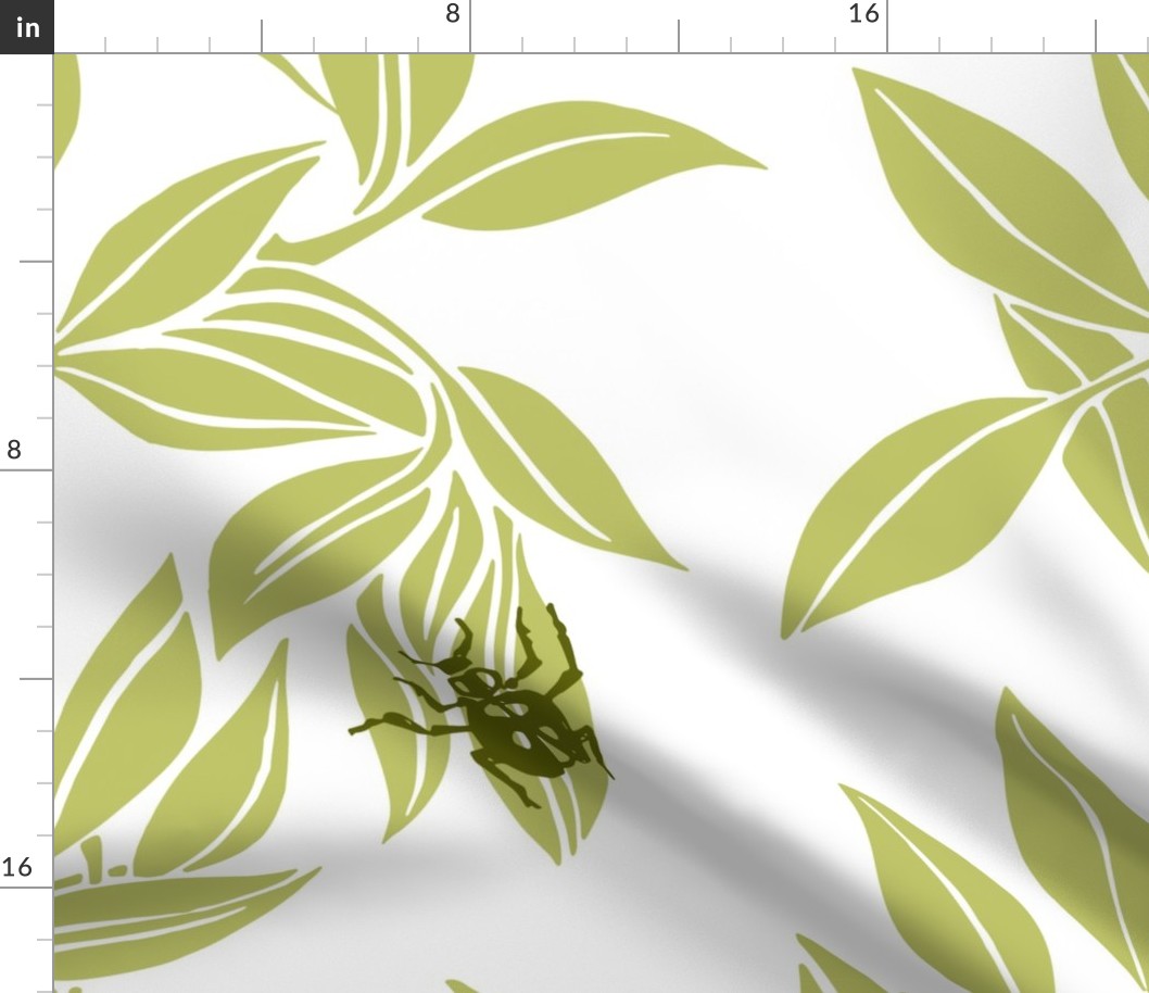 Green Vines on White with Beetles Fabric