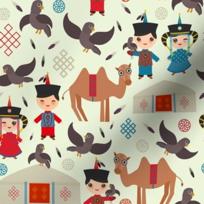 Mongolian boy and girl in red national costume and hat. Cartoon children in traditional dress. Hunter, falconry hunting with an eagle. 