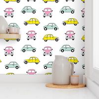 Vintage old timer cars for classic car lovers and travel addicts girls pink yellow XS