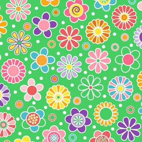 Cute Spring Flowers - Green Background