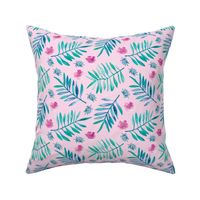 Sweet Hawaii jungle tropical garden theme palm leaves and floral watercolor illustration blue aqua pink