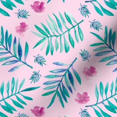 Sweet Hawaii jungle tropical garden theme palm leaves and floral watercolor illustration blue aqua pink