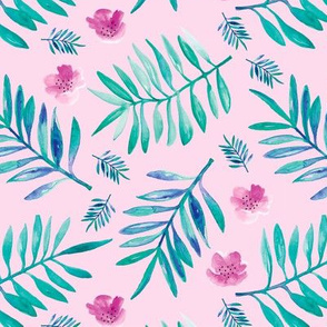 Sweet Hawaii jungle tropical garden theme palm leaves and floral watercolor illustration blue aqua pink