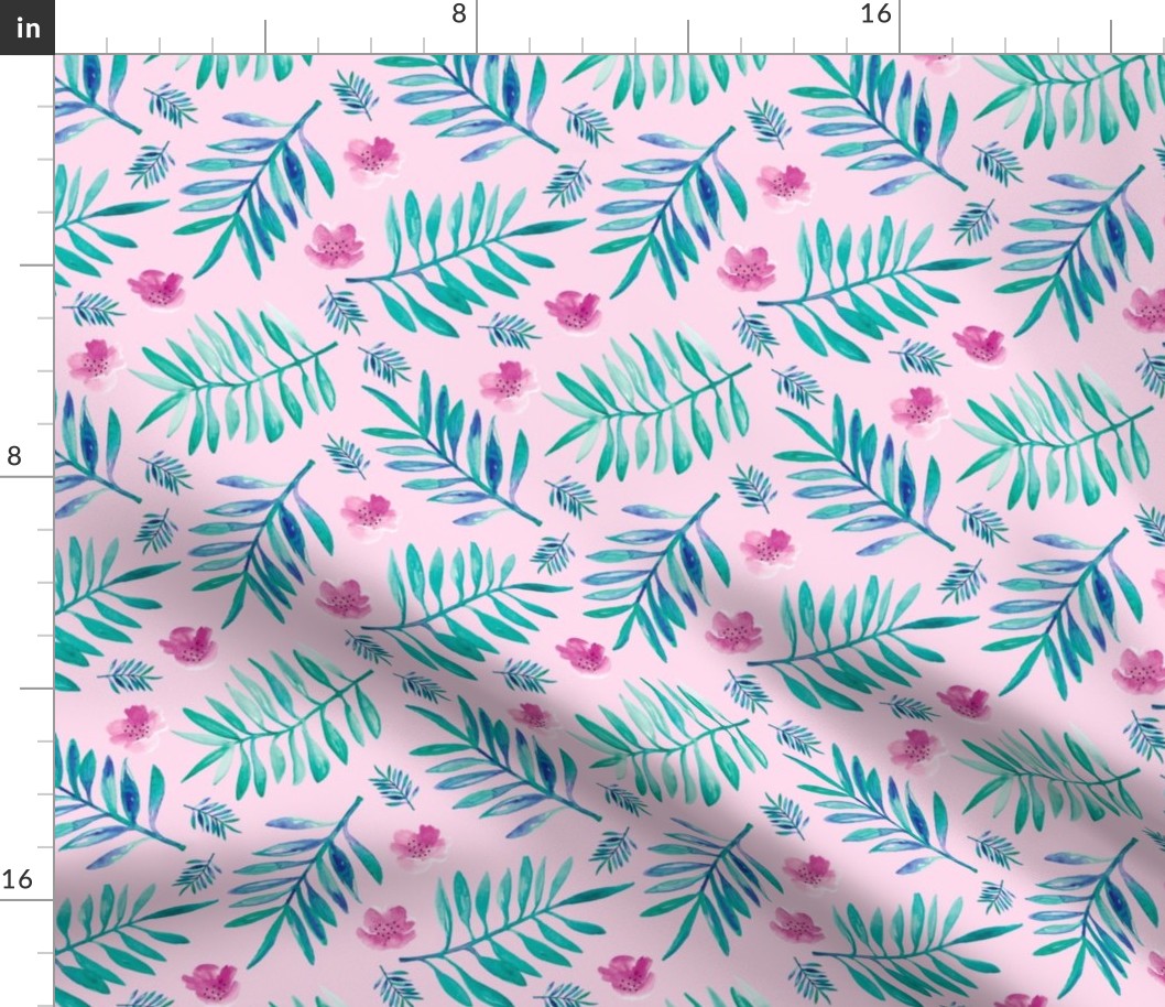 Sweet Hawaii jungle tropical garden theme palm leaves and floral watercolor illustration blue aqua pink