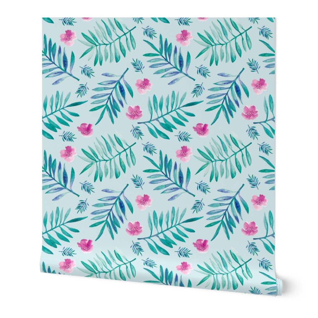 Sweet Hawaii jungle tropical garden theme palm leaves and floral watercolor illustration blue pink