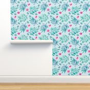 Sweet Hawaii jungle tropical garden theme palm leaves and floral watercolor illustration blue pink