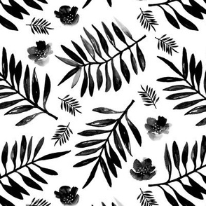 Sweet Hawaii jungle tropical garden theme palm leaves and floral watercolor illustration monochrome black and white