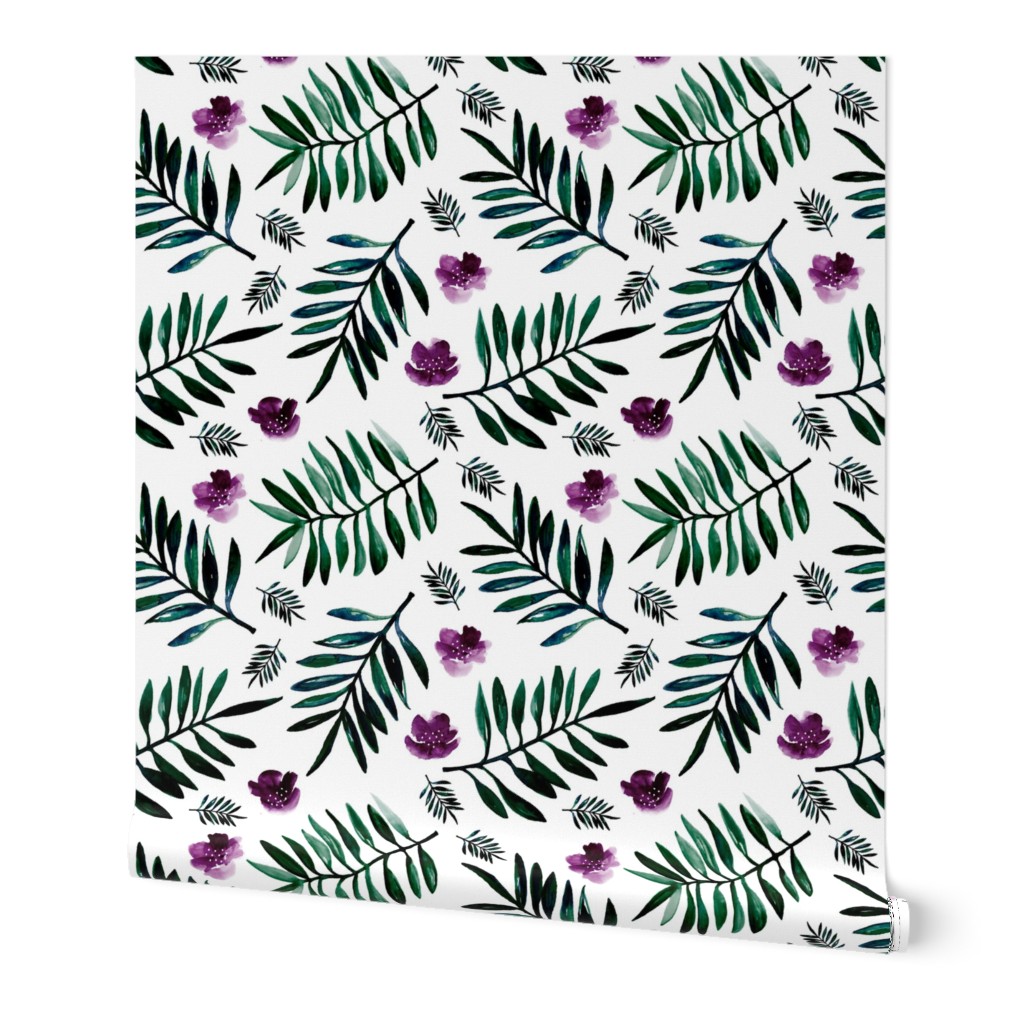 Sweet Hawaii jungle tropical garden theme palm leaves and floral watercolor illustration monochrome green purple