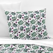 Sweet Hawaii jungle tropical garden theme palm leaves and floral watercolor illustration monochrome green purple