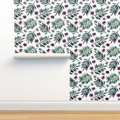 Sweet Hawaii jungle tropical garden theme palm leaves and floral watercolor illustration monochrome green purple