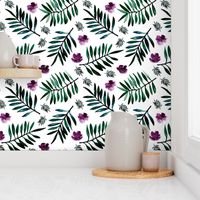 Sweet Hawaii jungle tropical garden theme palm leaves and floral watercolor illustration monochrome green purple