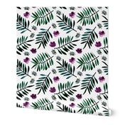 Sweet Hawaii jungle tropical garden theme palm leaves and floral watercolor illustration monochrome green purple