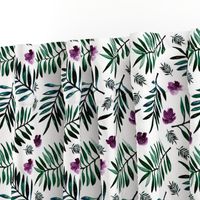 Sweet Hawaii jungle tropical garden theme palm leaves and floral watercolor illustration monochrome green purple