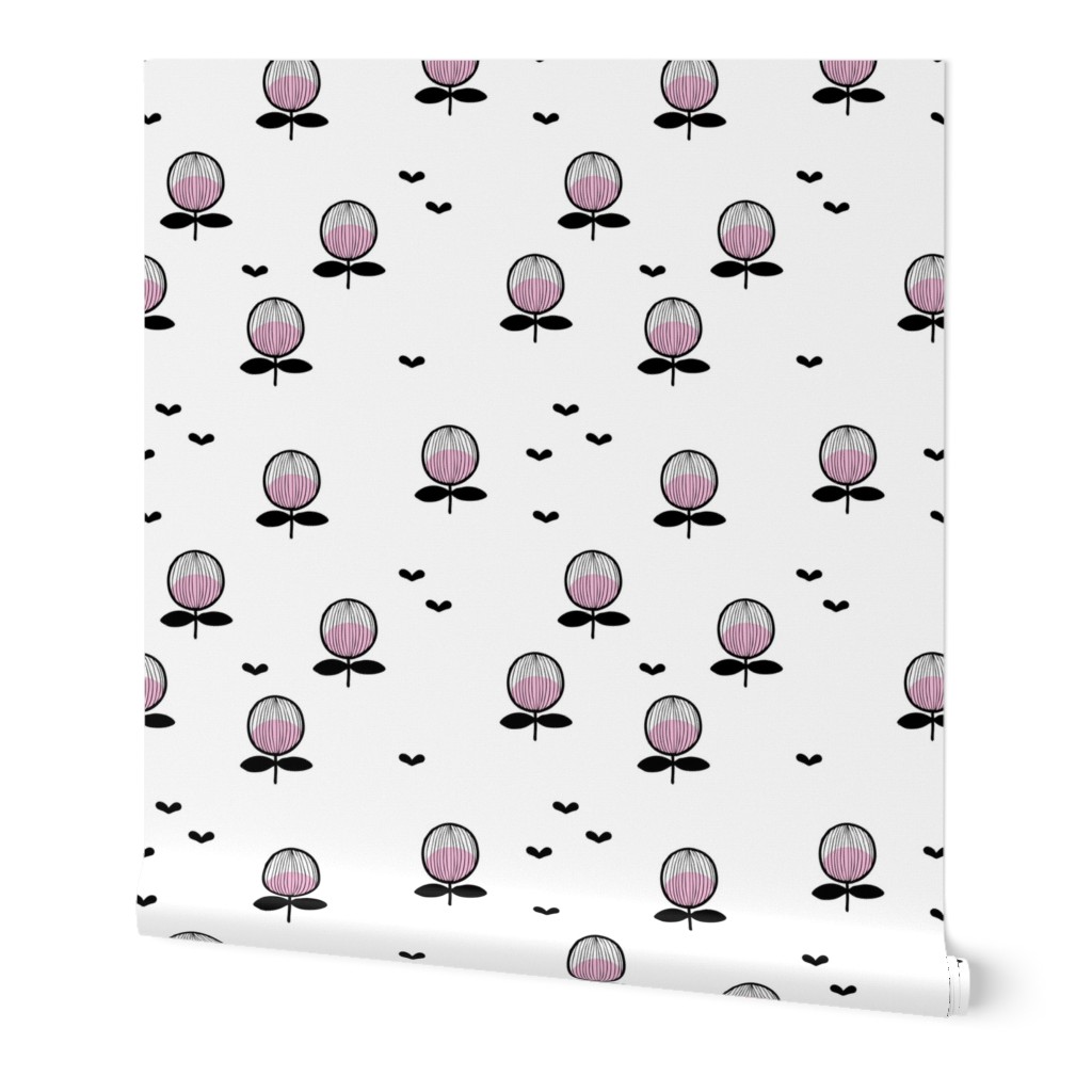 Buzzing poppy flower retro floral garden with abstract butterflies black pink