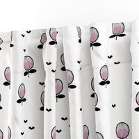 Buzzing poppy flower retro floral garden with abstract butterflies black pink