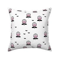 Buzzing poppy flower retro floral garden with abstract butterflies black pink