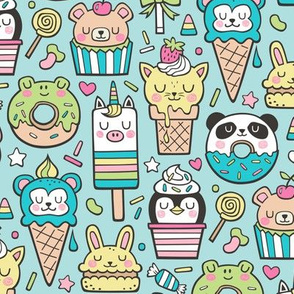 Animals Sweets Candy Ice Cream & Donuts on Blue