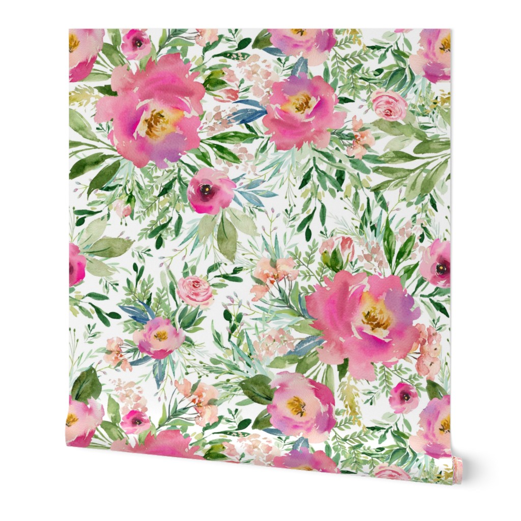 18" Pink Meadow Florals - White