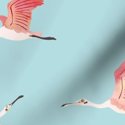 Flying Roseate Spoonbills