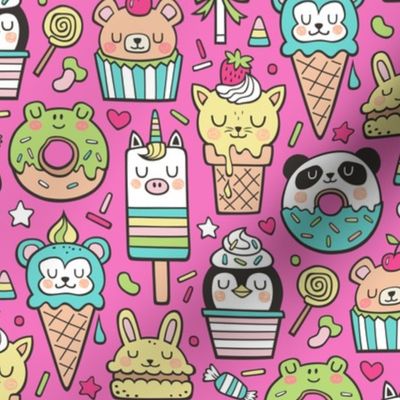 Animals Sweets Candy Ice Cream & Donuts on Dark Pink
