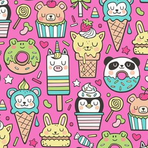 Animals Sweets Candy Ice Cream & Donuts on Dark Pink