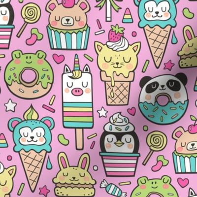 Animals Sweets Candy Ice Cream & Donuts on Magenta Pink