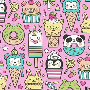 Animals Sweets Candy Ice Cream & Donuts on Magenta Pink