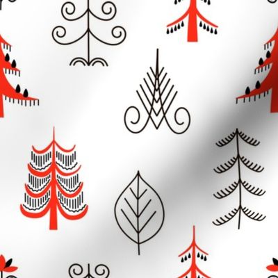 Six red trees seamless pattern. National scandinavian paintings. Folk handicrafts. Enchanting original ornaments. Simplicity. flat