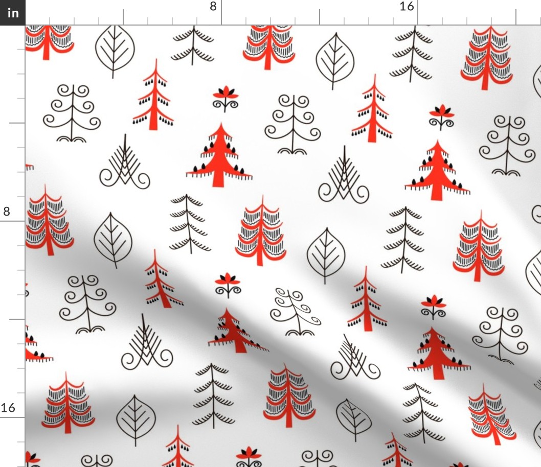 Six red trees seamless pattern. National scandinavian paintings. Folk handicrafts. Enchanting original ornaments. Simplicity. flat