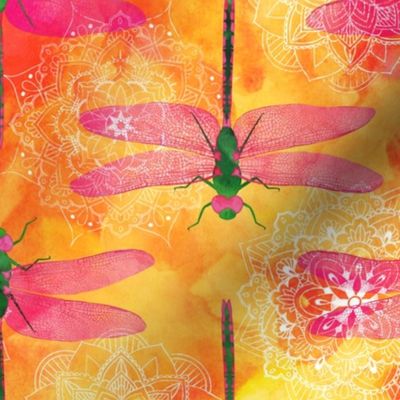 Watercolor Dragonflies Mandalas ~ Orange Pink Green