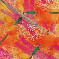 Watercolor Dragonflies Mandalas ~ Orange Pink Green