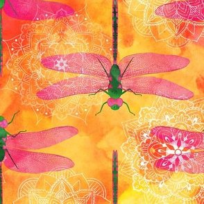 Watercolor Dragonflies Mandalas ~ Orange Pink Green
