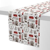 London architectural symbols hand drawn  pattern sketch. Big Ben, Tower Bridge, red bus, mail box, call box, guardsman