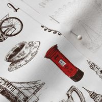 London architectural symbols hand drawn  pattern sketch. Big Ben, Tower Bridge, red bus, mail box, call box, guardsman
