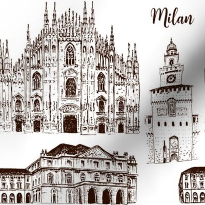 Milan symbols. Duomo di Milano, Teatro alla Scala, Sforza Castle or Castello Sforzesco